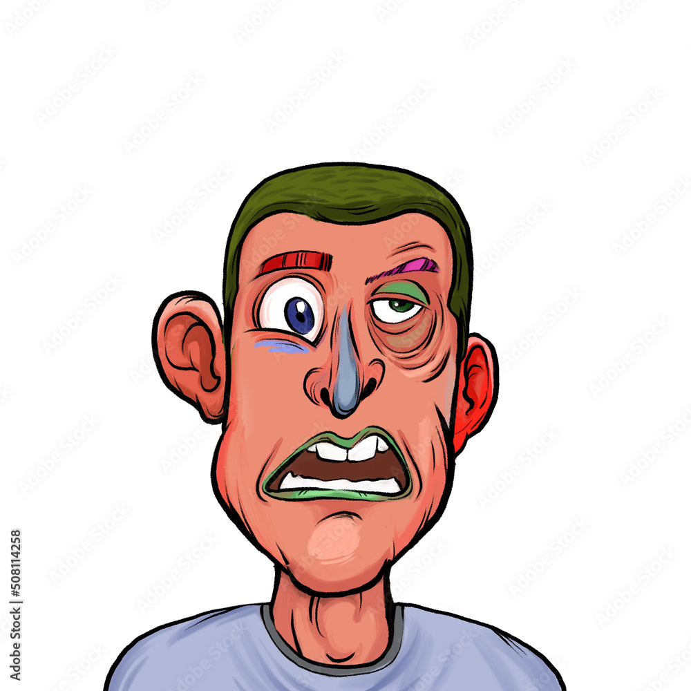 Caricature humor illustration of imaginary cartoon person with funny facial expression isolated on white background Caricature humor illustration of imaginary cartoon person with funny facial expression isolated on white background