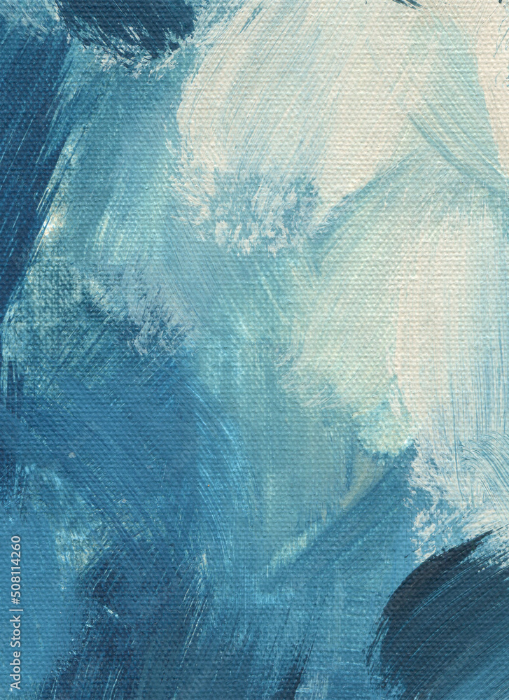 Blue acrylic abstract painting. Rough paint brush strokes on canvas