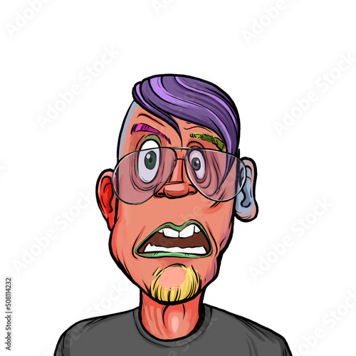 Caricature humor illustration of imaginary cartoon person with funny facial expression isolated on white background