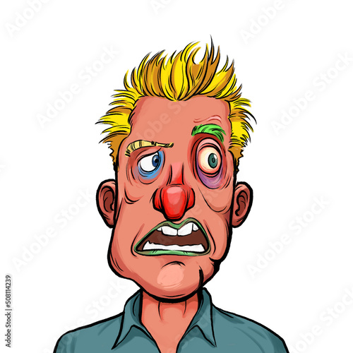 Caricature humor illustration of imaginary cartoon person with funny facial expression isolated on white background