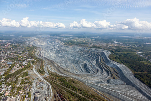 Mining of asbestos. Bird's eye view of a mining quarry. Mining works