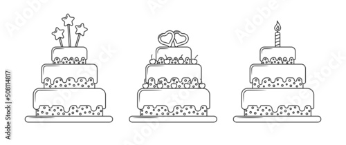 Vector linear Birthday Cakes set. Three outline big desserts on white