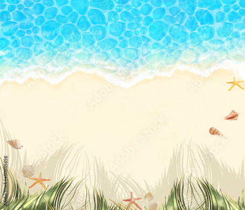 上から見た夏の砂浜とエメラルドグリーンの海の波打ち際に貝殻とヤシのある美しいフレームイラスト素材