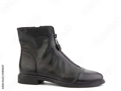 Obraz na płótnie Women's autumn black leather jodhpur boots with zip and average heels, isolated white background. Right side view. Fashion shoes. w salonie