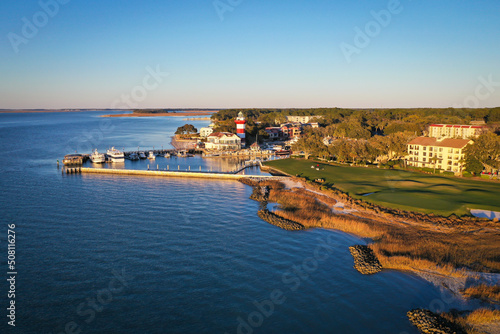 Aerial View of Harbour Town and lighthouse on Hilton Head Island South Carolina photo