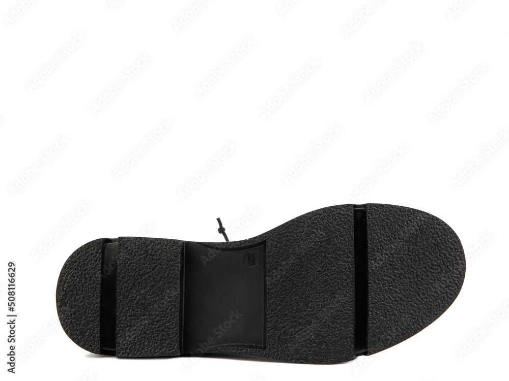 Sole for shoes, bottom view. Shoe sole close-up isolated on white background. place for text. Element of boots. Concept of production of shoe.