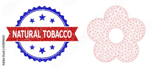 Mesh net flower polygonal carcass illustration, and bicolor rubber Natural Tobacco seal stamp. Red stamp seal includes Natural Tobacco title inside ribbon and blue rosette.