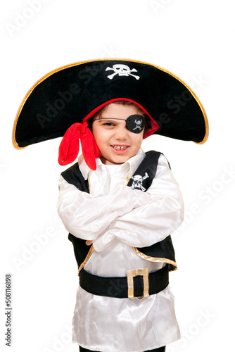Little pirate is posing against white background.