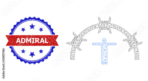 Net welcome to jail polygonal framework icon, and bicolor dirty Admiral seal. Red stamp contains Admiral caption inside ribbon and blue rosette. Vector frame polygonal mesh welcome to jail icon.