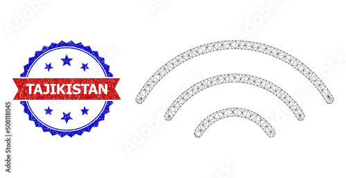 Net mesh wireless waves polygonal carcass illustration, and bicolor rubber Tajikistan seal. Red badge includes Tajikistan caption inside ribbon and blue rosette.