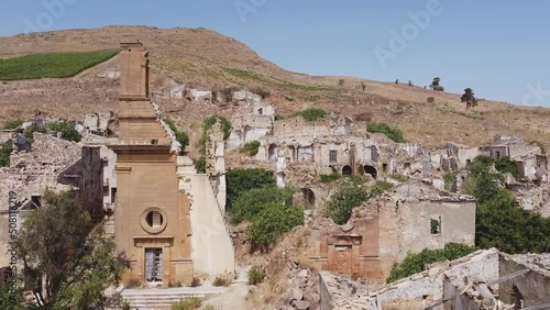 Aerial drone view of the ruins of Poggioreale on the Belice valley, in the province of Trapani. The town was destroyed by and earthquake in 1968. Abandoned empty eerie ghost town in Sicily. photo