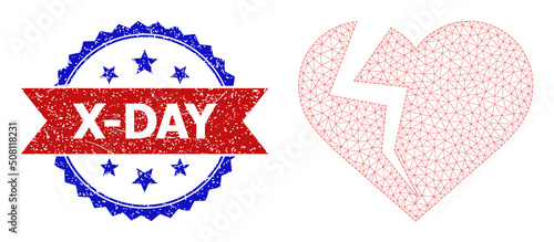 Net heart break polygonal framework illustration, and bicolor unclean X-Day seal. Red stamp seal has X-Day title inside ribbon and blue rosette. Vector carcass polygonal net heart break icon.