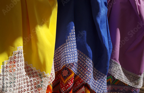 Traditional Canary Islands costume details - skirts with open work embroidery insets