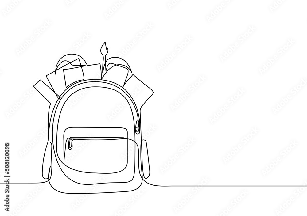 Opened backpack with stationery. Continuous line drawing. Vector illustration - obrazy, fototapety, plakaty 