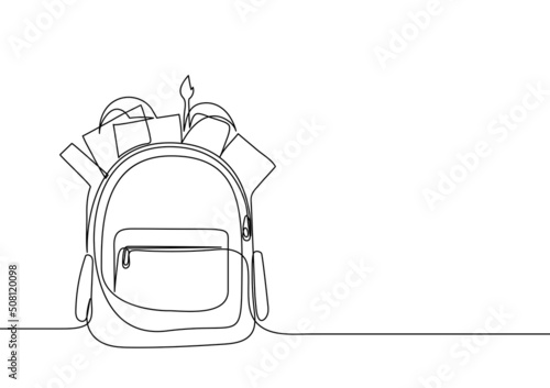 Opened backpack with stationery. Continuous line drawing. Vector illustration photo