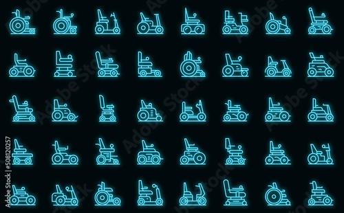 Electric wheelchair icons set outline vector. Adult battery. Care disability vector neon