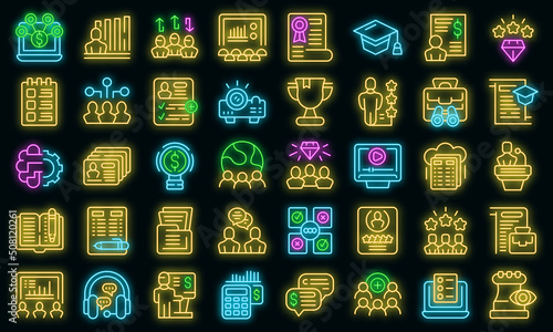 Staff training icons set outline vector. Work team. Business people vector neon