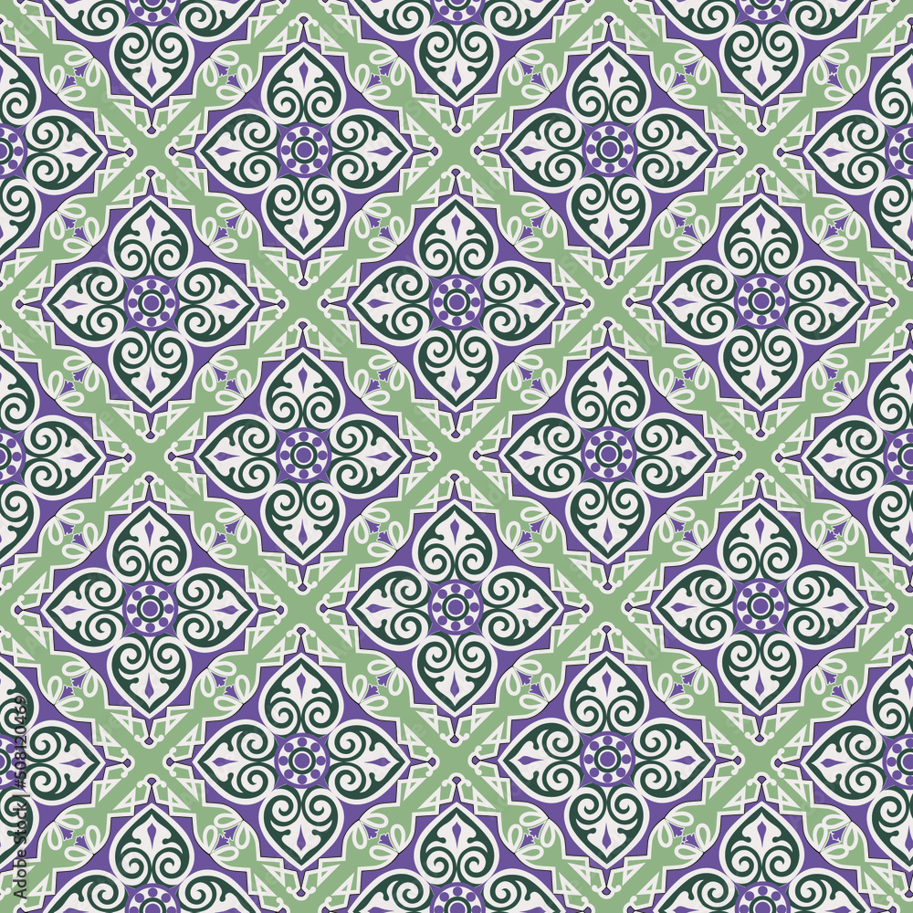 Abstract seamless pattern. Mosaic floral diagonal tile ornamental background. Muslim line ornament in arab orient style