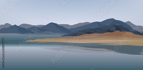 Mountain and hills landscape. Rural skyline. Lake Lagoon resort view background