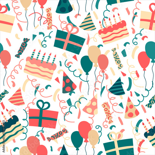 Seamless bright pattern of birthday attributes - gifts, hats, cake, crackers. Doodle style. Vector illustration