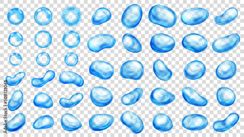 Set of realistic translucent water drops in light blue colors in various shapes, isolated on transparent background. Transparency only in vector format