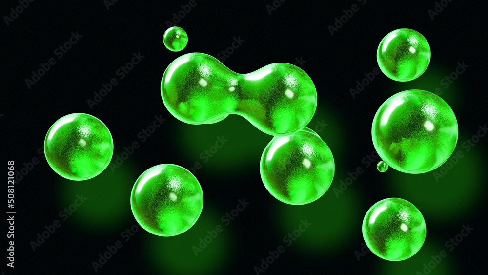 3d rendering. Amasing abstract background of metaballs or glisten bubbles as if glass drops or spheres filled with green sparkles merge together and scatter around. Creative background