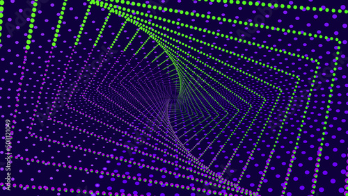 Neon lighting green purple line on bluish black background. Optical illusion. Dots. Innovation technology concept. Art geometric digital screen. Luxury Backdrop. Template. NFT card. Augmented reality.