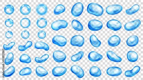 Set of realistic translucent water drops in light blue colors in various shapes, isolated on transparent background. Transparency only in vector format