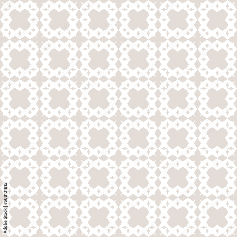 Vector geometric ornament in ethnic style. Abstract minimal seamless pattern with simple elements, squares, rhombuses, repeat tiles. Subtle tribal background texture. Folk motif. Beige and white color