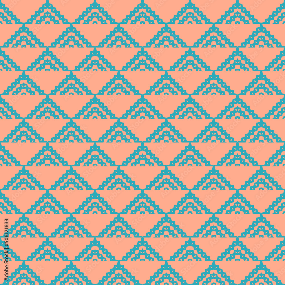 Vector geometric ornament in ethnic style. Abstract seamless pattern with simple elements, triangles, squares, chevron. Tribal background texture. Retro vintage motif. Bright turquoise and coral color Vector geometric ornament in ethnic style. Abstract seamless pattern with simple elements, triangles, squares, chevron. Tribal background texture. Retro vintage motif. Bright turquoise and coral color