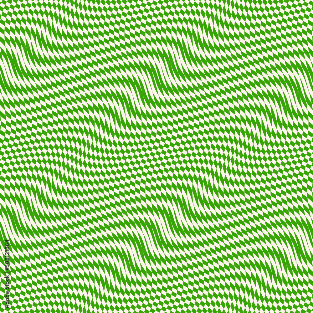 Vector seamless pattern with optical illusion effect. Simple abstract background with distorted checkered grid. Op art texture. Deformed surface. Green color. Trendy retro vintage style repeat design