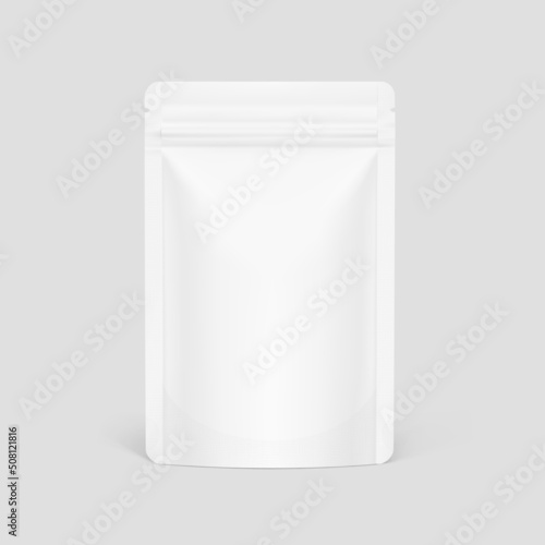 Pouch bag with self adhesive label. Vector illustration. Font view. Can be use for template your design, presentation, promo, ad. EPS10.	
