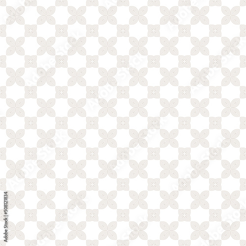 Vector geometric floral seamless pattern. Subtle minimal ornament. Simple abstract beige and white background with flower shapes, petals, leaves, repeat tiles. Elegant minimalist texture. Cute design