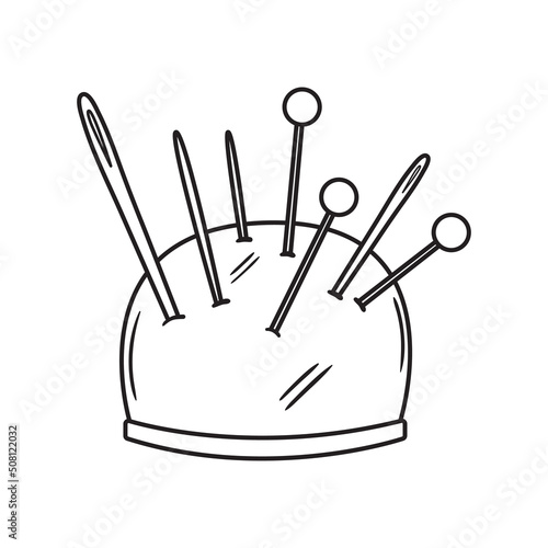 Outline doodle illustration of pincushion with needles. Hand drawn sewing equipment sketch. Craft element vector icon isolated on white background