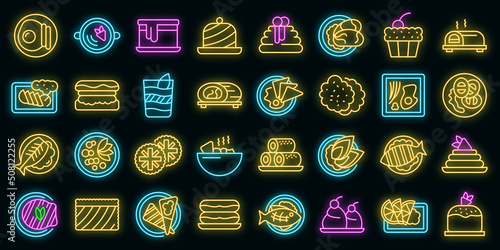 Australian cuisine icons set outline vector. Cake breakfast. Dish fish vector neon
