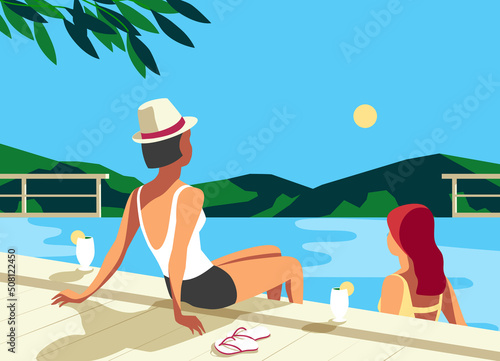 Girls couple rest in tourist resort swimming pool vector. Moutain scenic view background. Holiday vacation season travel leisure cartoon. Females rest in summer recreation hotel poolside illustration