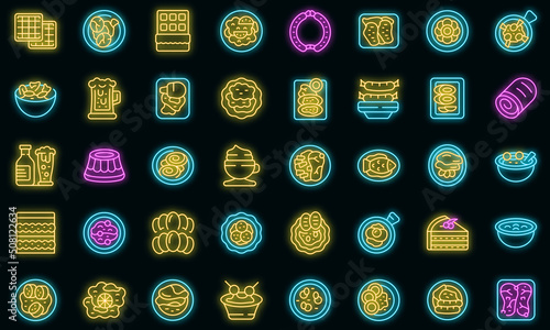 Austrian cuisine icons set outline vector. Strudel bakery. Cafe plate vector neon