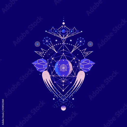 Mysterious space composition of planets and stars. Vector illustration on theme of astrology, astronomy, esotericism. Cosmic art. Celestial bodies. Cover, card, print on clothes, poster