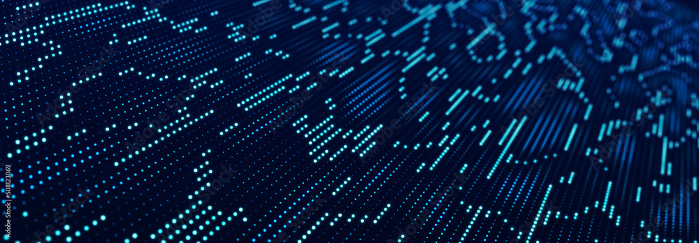 Obraz premium Abstract matrix. Computer code. Dark background of many dots. Big data and cybersecurity. 3d rendering