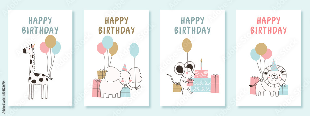 Happy birthday greeting card and party invitation set, vector illustration. Vector illustration, hand drawn animals style. EPS Happy birthday greeting card and party invitation set, vector illustration. Vector illustration, hand drawn animals style. EPS
