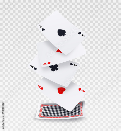 Playing falling cards. Deck and lucky combination. Advertising poster and graphic elements to decorate website. Online games and gambling. Poker or blackjack. Realistic isometric vector illustration
