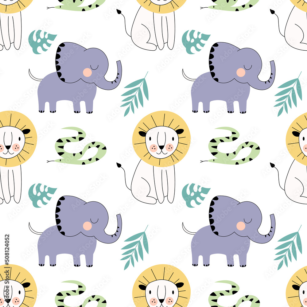 Obraz premium Safari childish seamless pattern vector illustration with lion, elephant, snake, with green leaves on white background. EPS