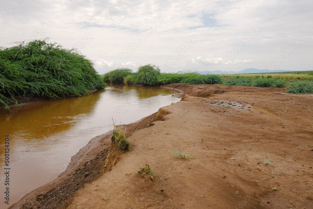 Fototapeta premium Scenic view of Ewaso Nyiro River flowing into Lake Natron in Tanzania