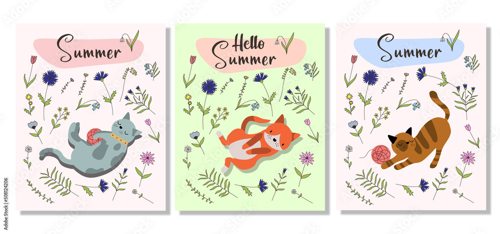 Set of three vector posters with cute cats on grass. Summer Party. Summer Vibes. Flat vector illustration for your design EPS