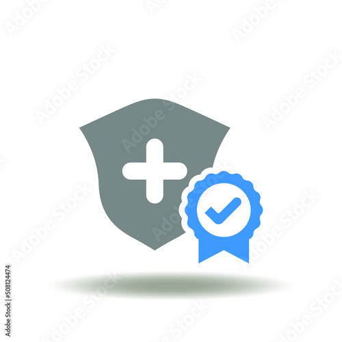 Vector illustration of shield with medical pharmacy cross and stamp with check mark. Icon of medical standard compliance. Symbol of medicine product intellectual property protect.
