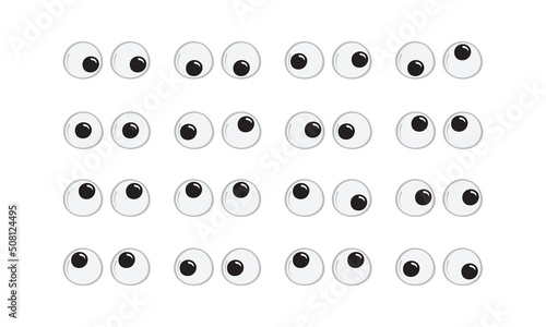 Googly plastic eye toy vector icon, animated doll, puppet wobbly eyeball, cartoon character collection isolated on white background. Cute silly illustration