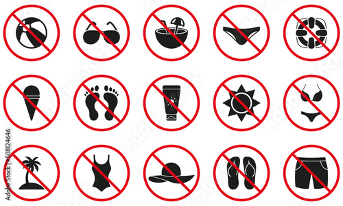 Ban Summer Swim Beach Zone Black Silhouette Icon Set. Forbidden Sun Glasses Pictogram. Caution No Beach Area Red Symbol. No Allowed Beach Wear Sign. Prohibited Swimwear. Isolated Vector Illustration