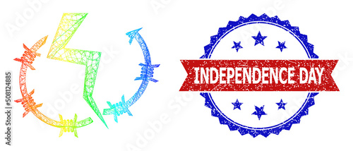Mesh net freedom carcass icon with spectral gradient, and bicolor unclean Independence Day watermark. Red stamp seal includes Independence Day caption inside blue rosette.