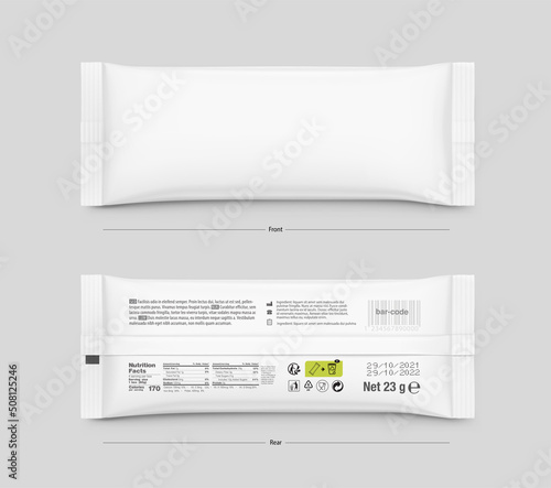 Realistic flow bag mockup. Vector illustration. Front and back view. Ready for your design. It can be used in the adv, promo, package, etc. EPS10.