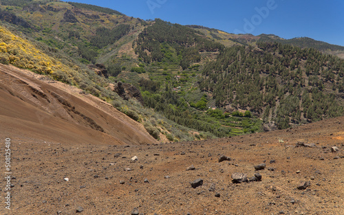 Gran Canaria, landscape of the San Mateo municipality, orange volcanic gravel mountain Montana del Cosdeso 